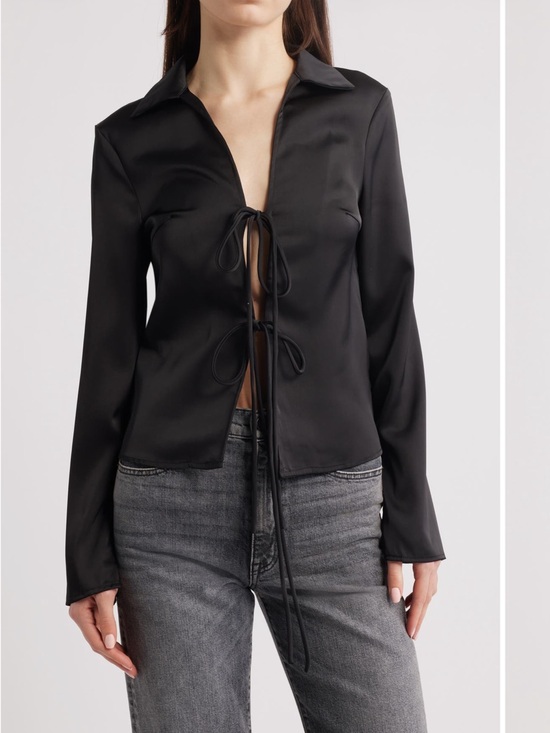 Nasty Gal Tops - Nasty Gal Black Satin Tie-Front Long Sleeve Blouse